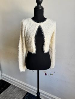 Girls Fuzzy Bolero Shrug Cropped Cardigan Sweater Long Sleeve Cream Ivory