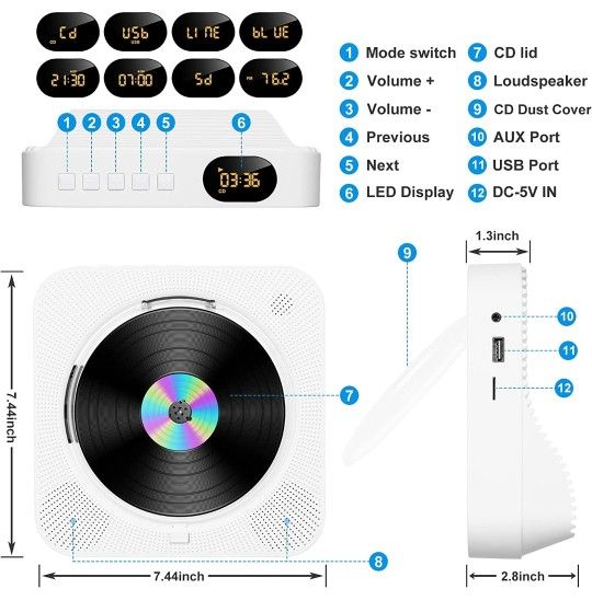 CD Player with Bluetooth - Desktop CD Players for Home with LCD Screen Display Built in HiFi Speakers Support Timed Music ON/Off CD Bluetooth FM USB S