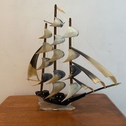 Vintage Carved Horn & Bone Model Clipper Ship - Mid Century Nautical Decor