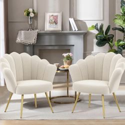 Mid Century Velvet Living Room Chair Set of 2, Upholstered Vanity Accent for Makeup Room, Modern Barrel Arm Guest Leisure Comfy for Bedroom-Ivory