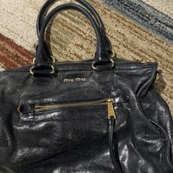Pre-Owned Authentic Miu Miu Bauletto Vitello Shine Denim Leather Tote Bag