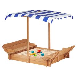 Kids Sandbox with Adjustable Cover, 46'' Wooden Sand Box with 2 Foldable Bench Seats, Outdoor Sandpit for Backyard Play