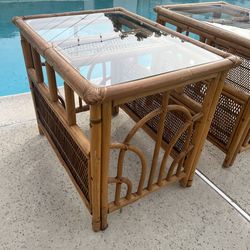 Pair of Vintage Mid Century Rattan Bamboo Glass-Top End Tables, Palm Beach Regency