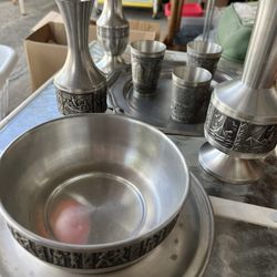 Pewter Egyptian  Crafting 8 Pieces  Drink Set  Beautifully Caved .