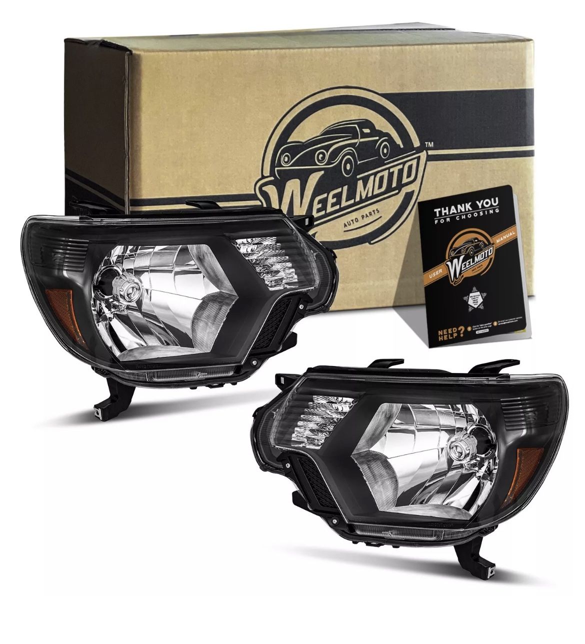 WEELMOTO Headlights Assembly For 2012-2015 Toyota Tacoma Pickup Black Housing