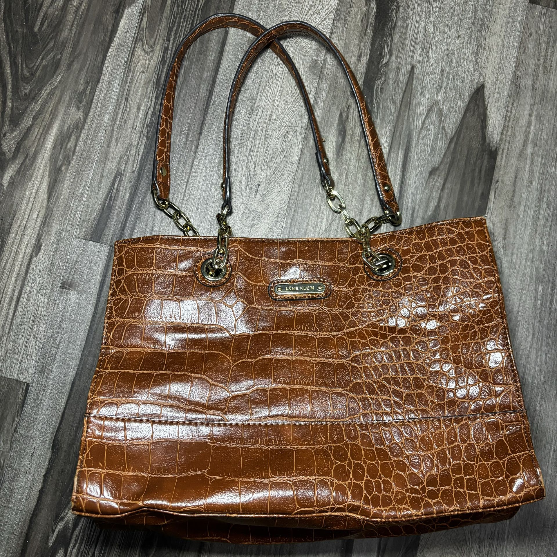 Anne Klein Faux Crocodile Brown Purse Handbag Chain Giraffe Block Safari Lining