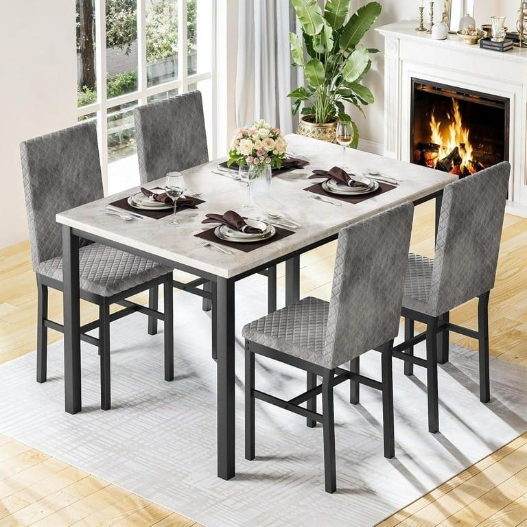 Dining Table Set for 4, Modern 5 Piece Dining Table Set, Faux Marble Kitchen Table and 4 Velvet Upholstered Chairs for Apartments, Dining Rooms