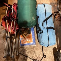 Tent, Tent Tarp, Sleeping Bag, And Chair