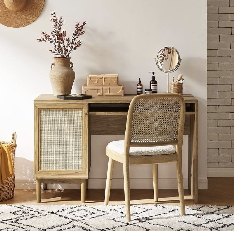 Haylee Boho Farmhouse Writing Desk, with Natural Rattan Exterior Door, Ample Storage, Adjustable Shelves, for Study, Vanity, Makeup, & Work, in Bedroo