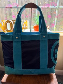 Tory Burch Navy Blue & Teal Canvas ToTory Burch Navy Blue & Teal Canvas Tote Bag