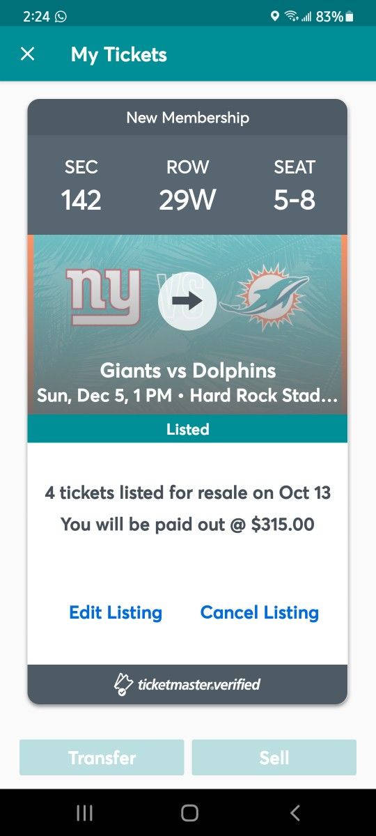 Miami Dolphins Vs New York Giants Section 142 Fold Out Seats!