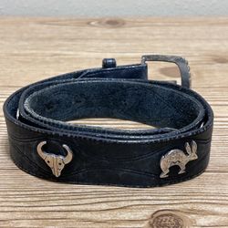 VTG '91 Leegin Southwestern Leather Belt Conchos Buffalo Skull Rabbit Snake Blk