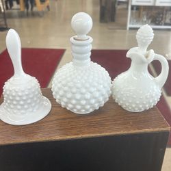 Vintage Anchor hocking perfume bottle,hobnail Fenton bell,and milk glass cruet