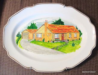1950s Lucille ball desilu era hand painted brick ranch on a ceramic platter wall hanging