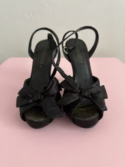 Penthouse Black Satin Bow Peep Toe Heels Size 7