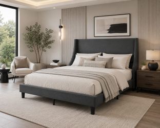 King Bed Frame with Upholstered Wingback Headboard, Heavy-Duty Platform Bedframe with Charging Station, Wooden Slats, No Box Spring Needed, Grey