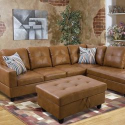 New Caramel Brown Leather Sectional Sofa With Free Ottoman And Pillows New In Sealed Packaging 