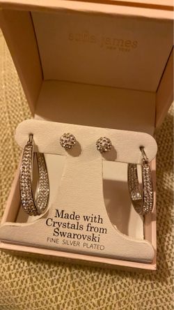 FINES SILVER Plated Hoop Earrings & Ball Studs Paved Swarovski Crystals