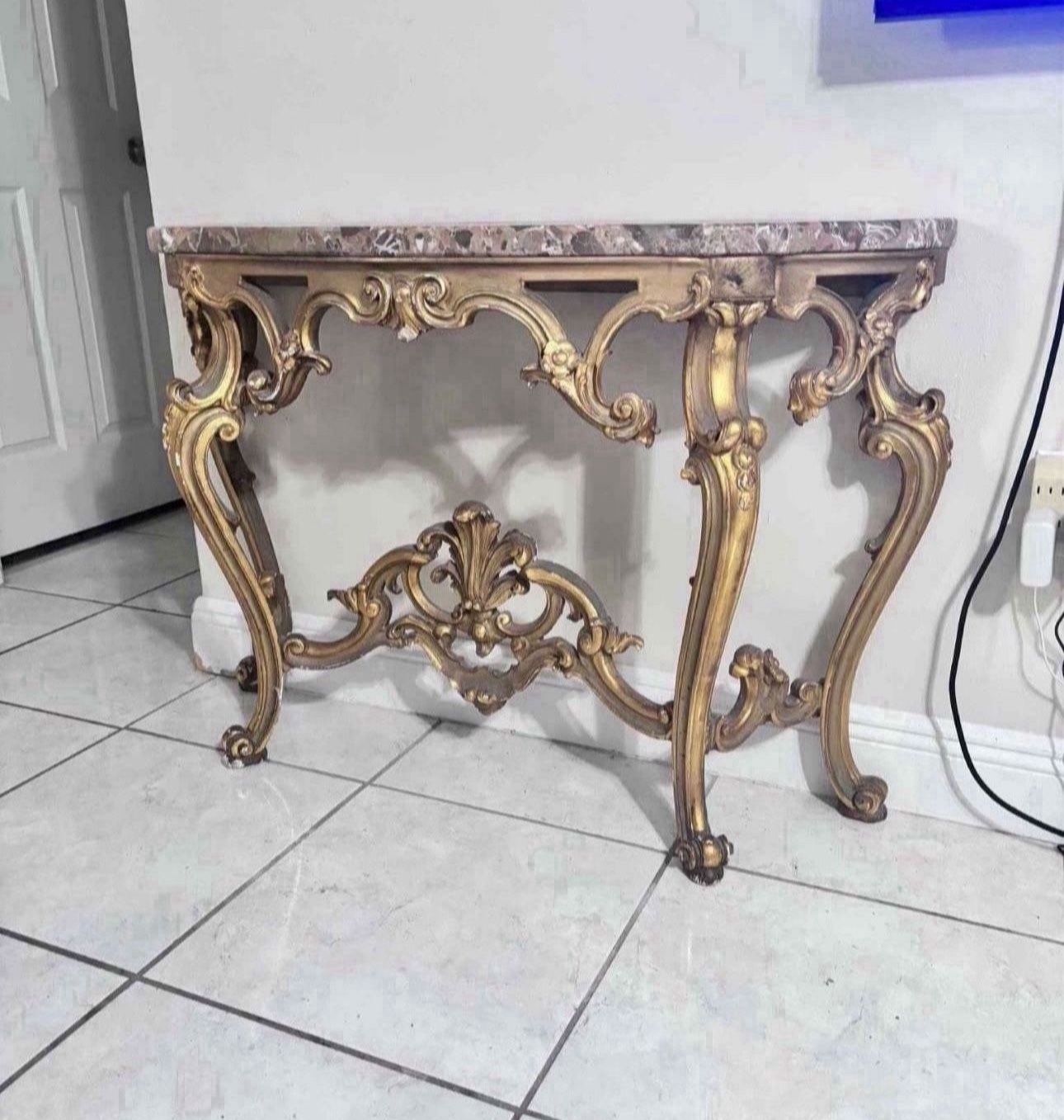 Antique Foyer Table With Marble Top 43”Lx13.5”Wx30”H