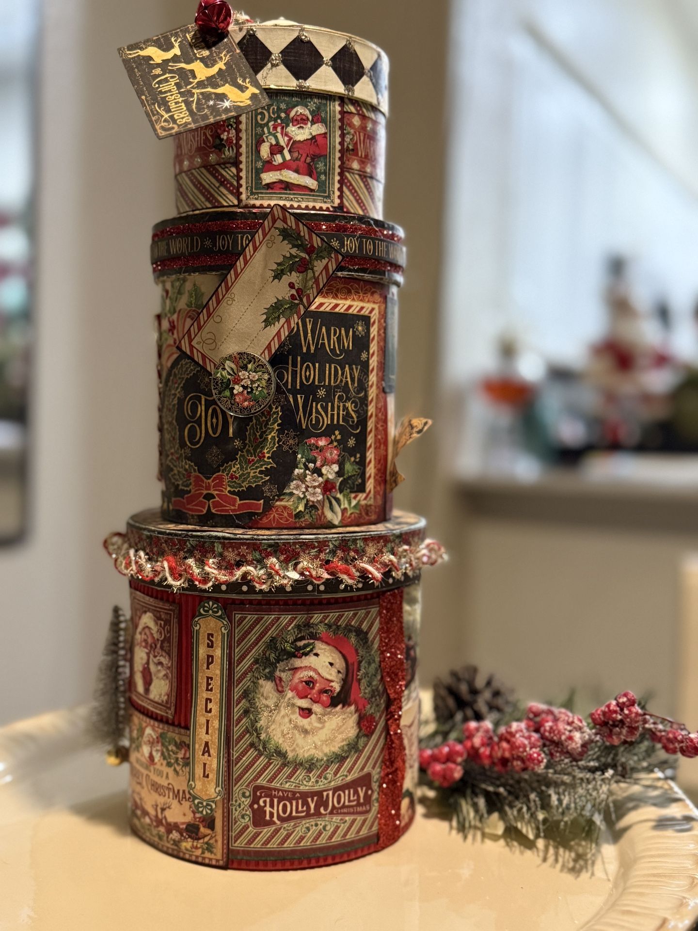 🎄 Handcrafted Vintage-Style Stacked Christmas Box Set – 13” Tall 🎁