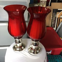 Red Glass Silver Base Candle Holders.   13 Inches