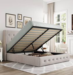 Grey Wingback Tufted Storage Bed Frame — Queen