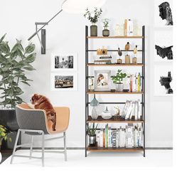 5 Tier Bookshelf Industrial Ladder Shelf Open Display Storage Rack Wood Bookcase with Metal Frame