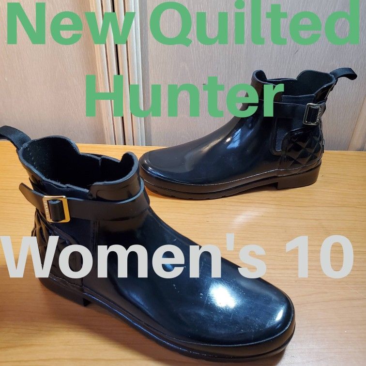 New Hunter Women's Size 10 Rain Ankle Boots Refined Slim Fit Quilted Black Gloss Chelsea