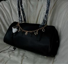 Black Barrel Handbag with Gold Charm Chain