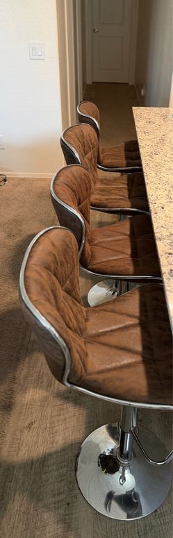 Set of 4 Adjustable Swivel Barstools – Brown Faux Leather