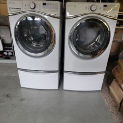 Whirlpool Duet Steam Washer & Dryer Set-Electric, White, On Pedestals