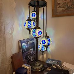 Marrakech Turkish Moroccan Floor Lamp with Bronze Base Tiffany 5 Globes Blue, 35 Inch Tall Handmade