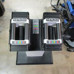 Used Powerblock THE BLOCK ADJUSTABLE dumbbell Set Of 2 With Stand 45lb Each- SKU: 3-68593