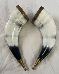 Pair of Viking Drinking Horns with Brass Accents