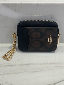 Coach Signature PVC Canvas Zip Card Coin Case Brown Black Gold Chain Women
