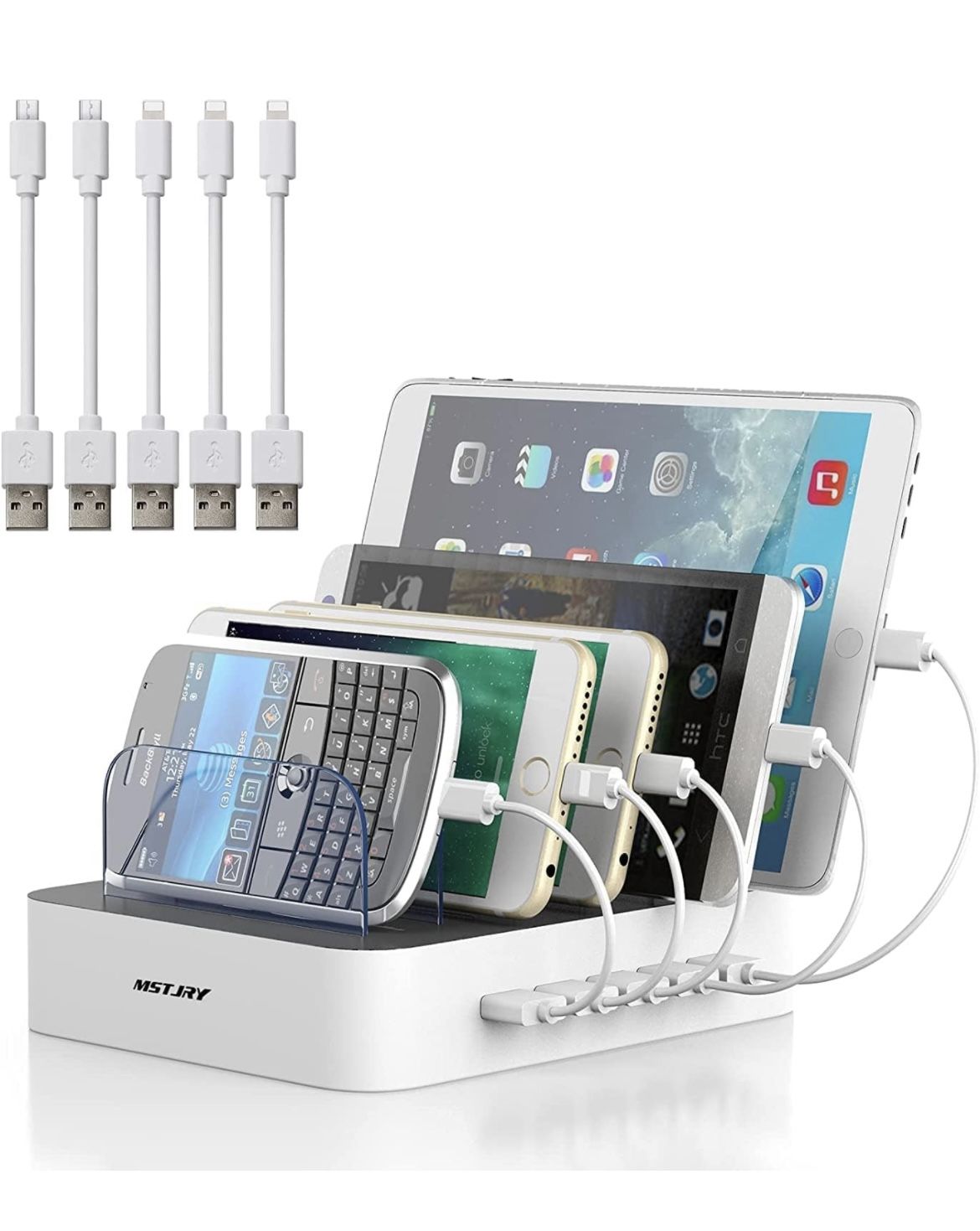 5 Port Multi USB Charger Station with Power Switch Designed for iPhone iPad Cell Phone Tablets (White, 6 Mixed Short Cables Included)