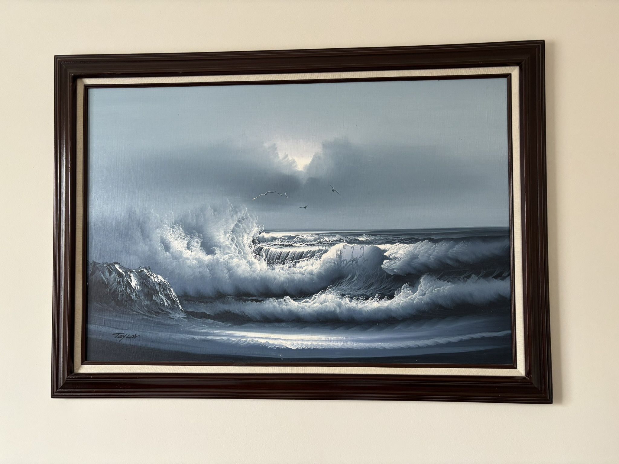 Wall hanging painting, nighttime ocean waves beach scene, 42”W x 30”H, wood frame, excellent condition.