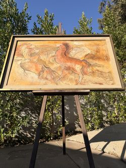 Meaningful Oil On Board Painting Of Stallions 