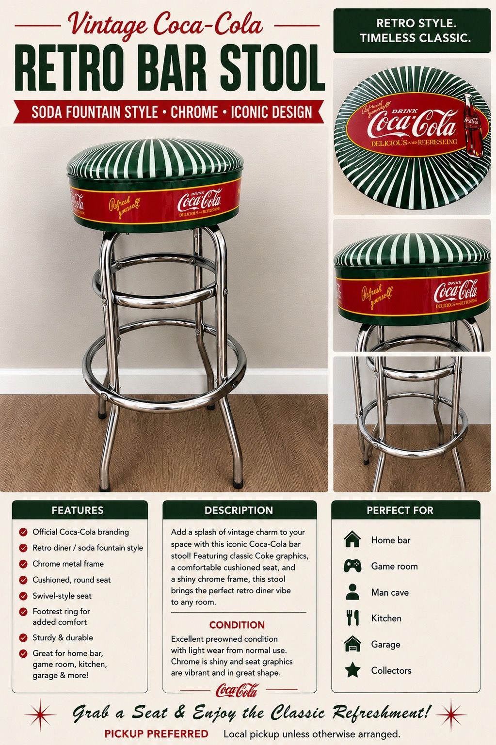 Vintage Coca-Cola Retro Bar Stool – Chrome Diner Style Soda Fountain Stool