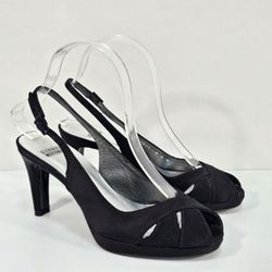 Stuart Weitzman Black Satin Peep toe Slingback Platform Sandals Shoes Size 6.5 M