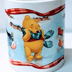 Disney Tigger Eeyore Winnie The Pooh Coffee Mug Ceramic 10oz Winter Scene Vintage Ice Skating