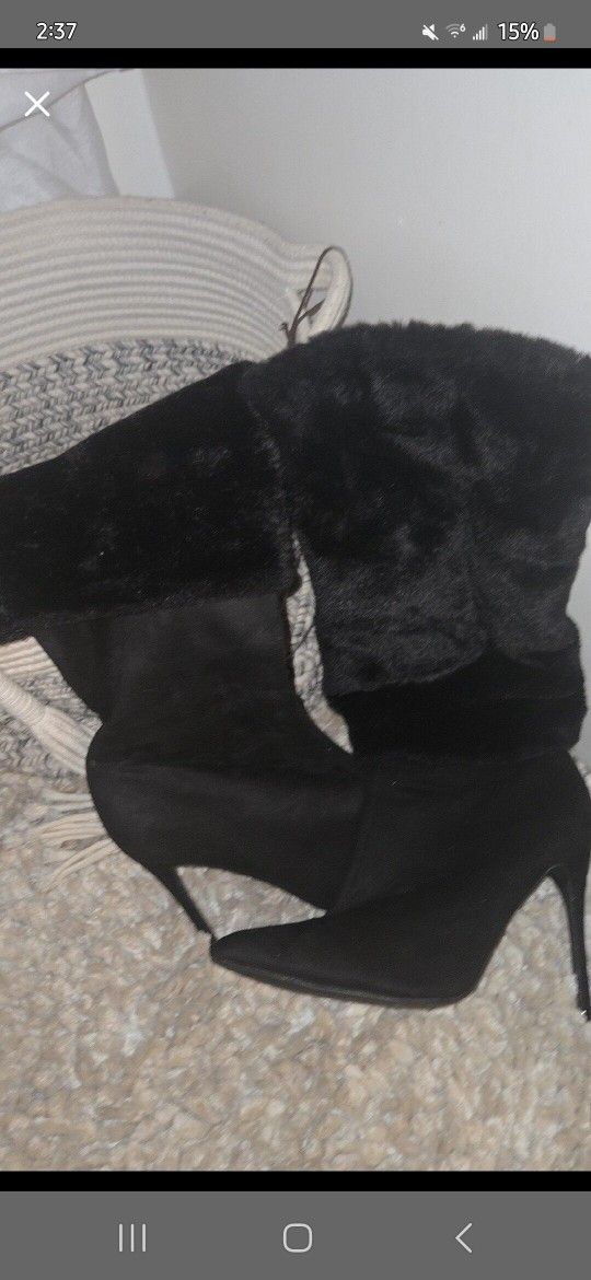 Black High Heel Boots With Fur Trim