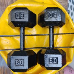 FRESHLY  PAINTED  PAIR  OF  60 LB.  STEEL  HEX   DUMBBELLS