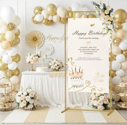 New Adjustable Welcome Sign Stand, Gold Metal Linen Sign Holder with 4 Ground Stakes & 4 Leather Straps, Wedding Banners & Posters for Baby Bridal Val