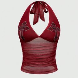Goth Cross Rhinestone Mesh Side Ruched Halter Top, For Carnival