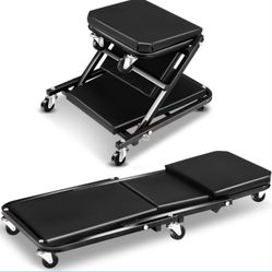 Foldable Creeper, 2-in-1 Rolling Garage Z Creeper Car & Seat, 36" Roller Mechanics Under Car Chair, 330 LBS Weight Capacity Heavy Duty, Black
