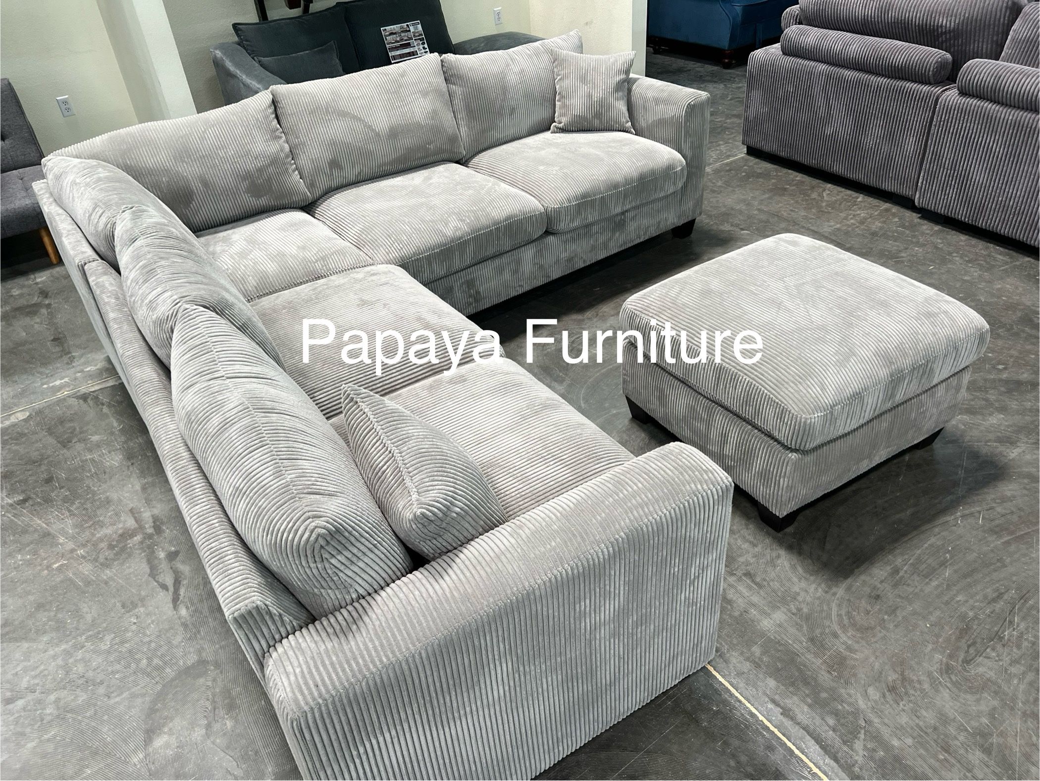 New Light Grey Fabric Sectional Sofa And Ottoman Set Modern Contemporary Minimalist Couch Sale Big Discount
