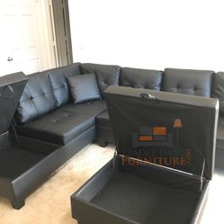 Brand New Black Faux Leather Sectional Sofa +Storage Ottoman + Storage Chaise (New In Box) 