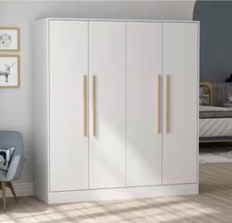 White 4-Door Wardrobe Armoire with Hanging Rod and Storage Shelves