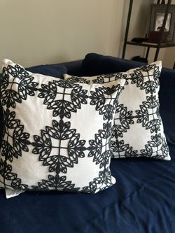 2 decorative black-and-white pillows.